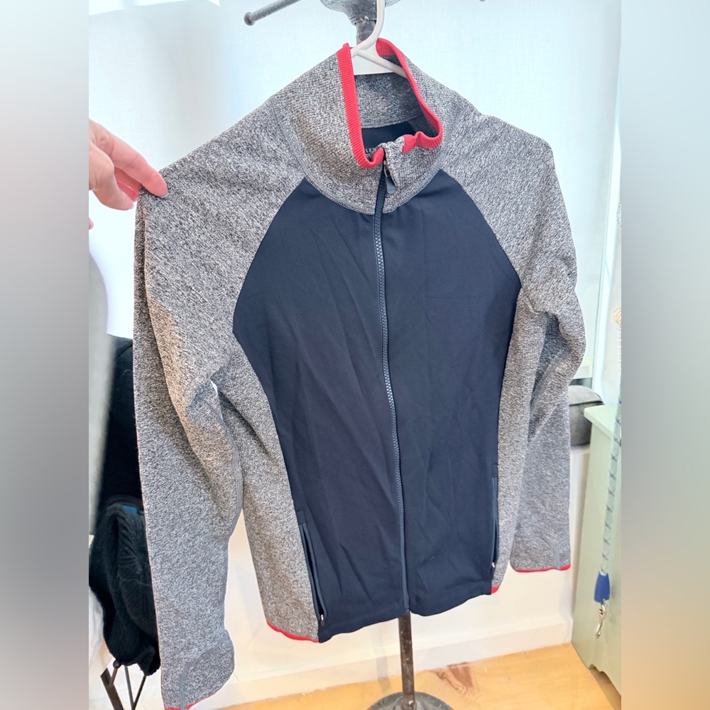 Athleta Heather Gray and Navy Full-Zip Jacket with Coral Trim